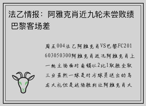 法乙情报：阿雅克肖近九轮未尝败绩 巴黎客场差